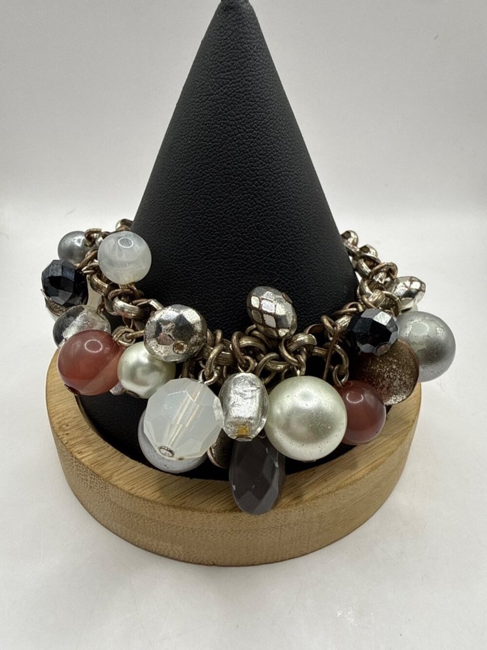 Chunky Silver Tone Cha Cha Charm Bracelet Faux Pearl Crystal Cluster Vintage Y2K